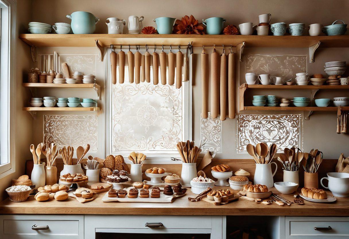 A beautifully arranged baking workspace featuring an array of professional pastry tools, like intricate piping bags, rolling pins, and decorative stencils, all surrounded by exquisite pastries showcasing stunning designs. The warm, inviting colors enhance the appeal, while soft sunlight gently illuminates the scene, creating a cozy atmosphere. The background should have a blurred kitchen setting to evoke a homely baking environment. super-realistic. vibrant colors.