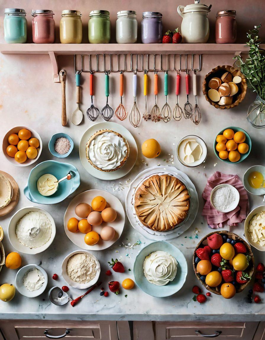 A beautifully arranged kitchen scene showcasing an array of baking tools like whisks, spatulas, measuring cups, and colorful ingredients such as flour, sugar, eggs, and butter. A freshly baked cake sits in the center, decorated with vibrant frosting and fruits, while whimsical baking recipes are elegantly placed around. Soft, warm lighting floods the space, evoking a cozy baking atmosphere. whimsical illustration. pastel colors. soft focus.